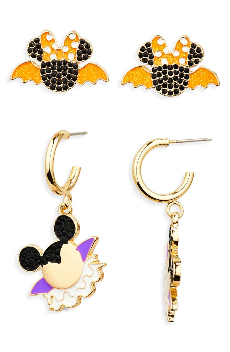 BaubleBar x Disney<sup>®</sup> Set of 2 Mickey & Minnie Mouse Vampire Stud & Hoop Earrings, Main, color, Gold Multi