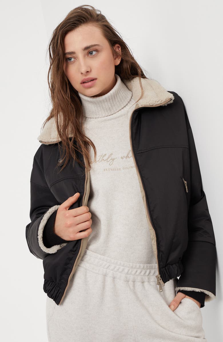 Brunello Cucinelli Water-resistant techno satin down jacket with shearling inserts and monili, Alternate, color,