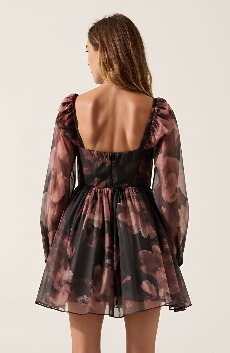 Modenaire Floral Organza Bubble-Sleeve Tulle-Layered Mini Dress, Alternate, color, Floral Organza