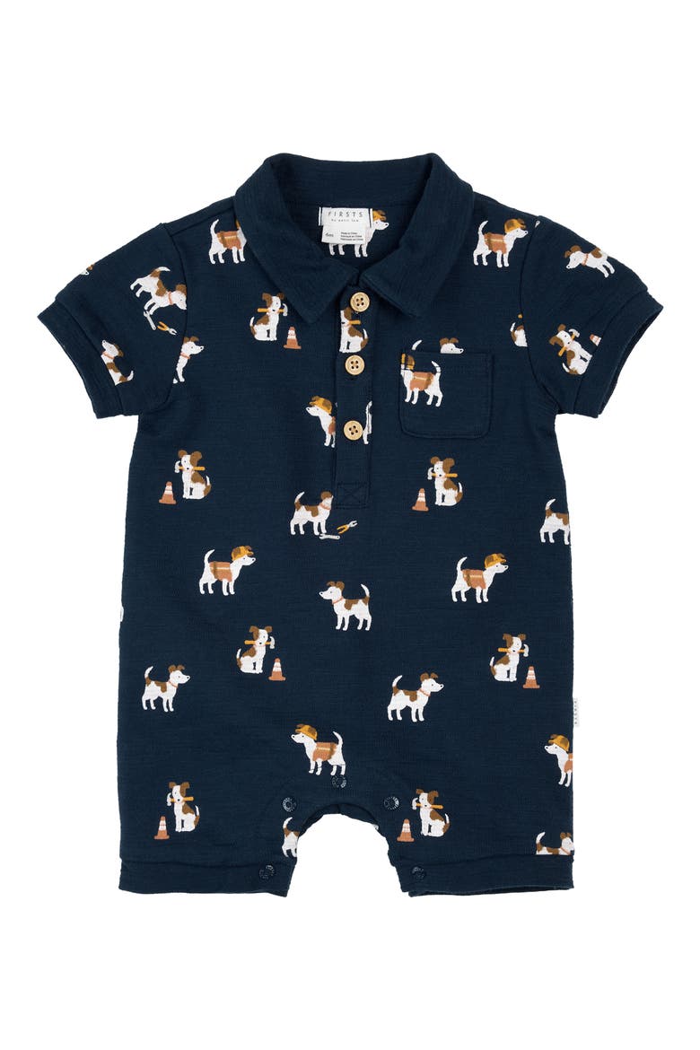 Pups At Work Organic Cotton Polo Romper, Main, color, NAVY