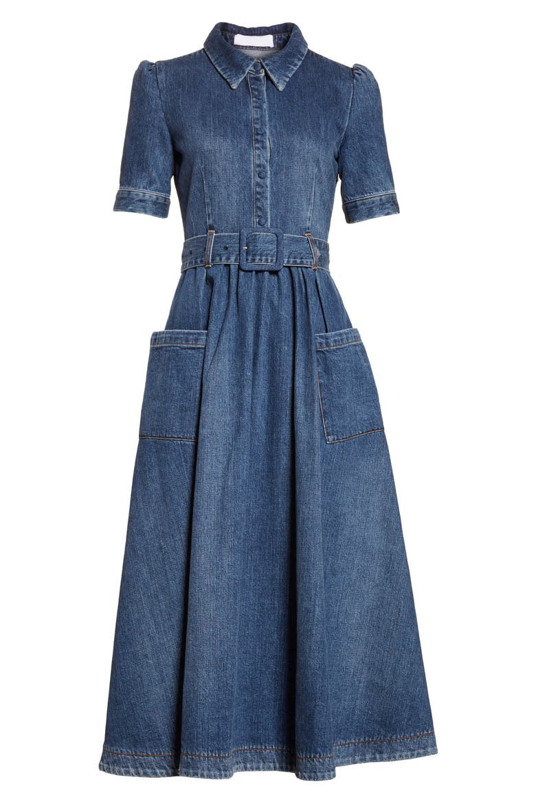 Denim Fit & Flare Midi Dress, Alternate, color, INDIGO