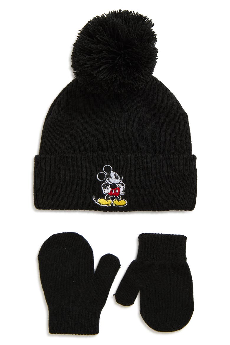 Kids' Mickey Mouse Pom Beanie & Mittens Set, Main, color, BLACK