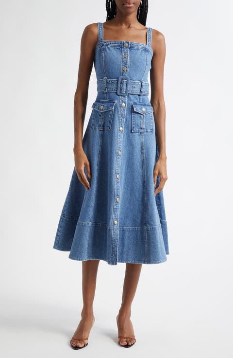 Vega Belted Denim Fit & Flare Dress