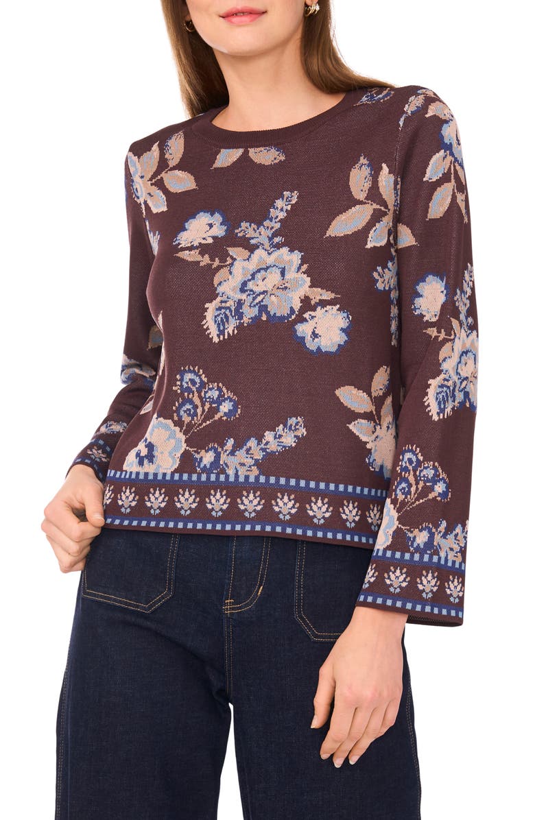 Vince Camuto Floral Jacquard Sweater, Main, color, Dark Chocolate