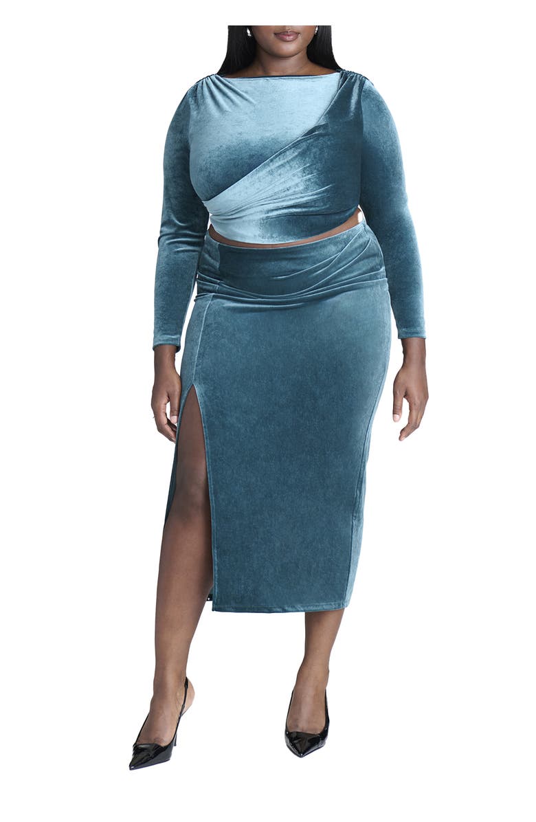 ELOQUII Velvet Maxi Skirt With Slit, Main, color, Teal