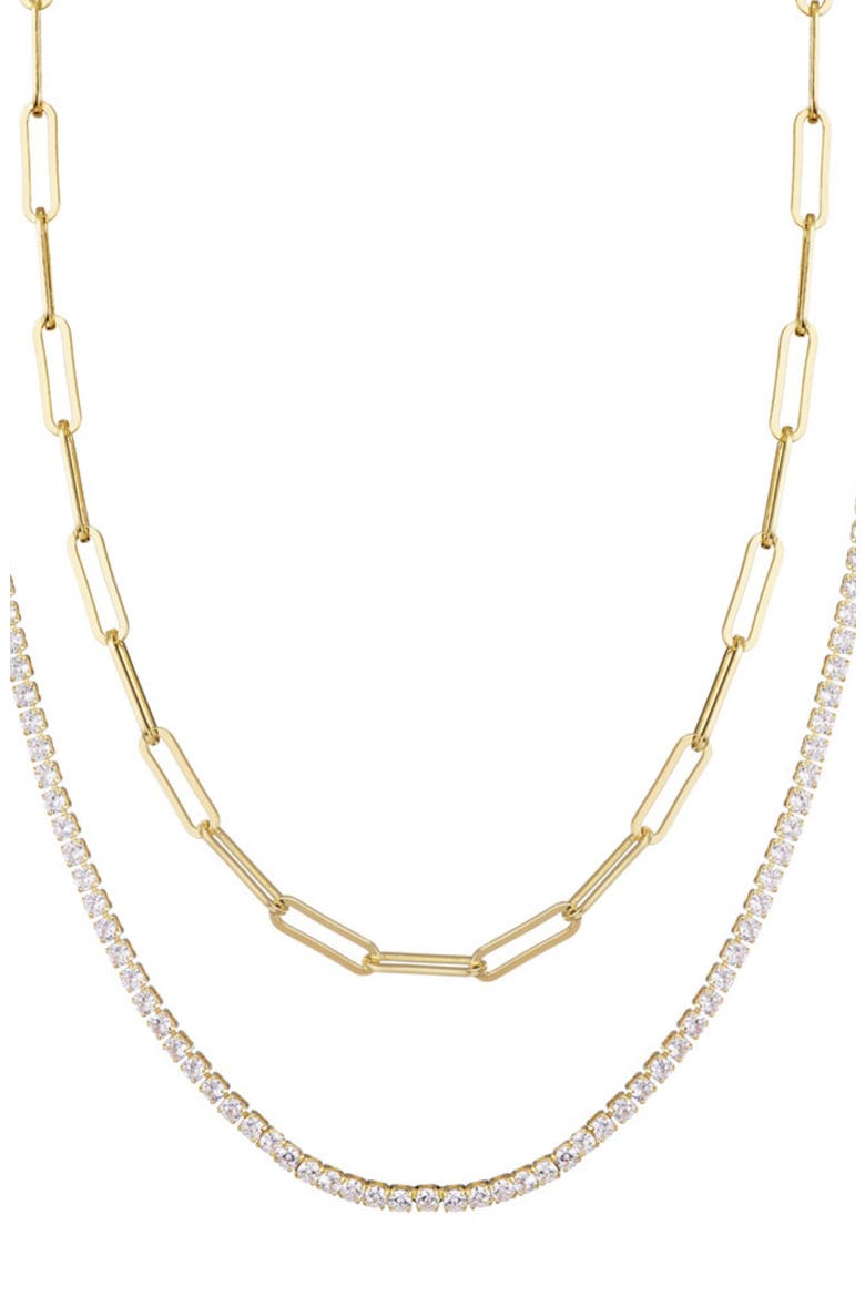 Layered Paper Clip Chain & Crystal Tennis Necklace, Main, color, GOLD