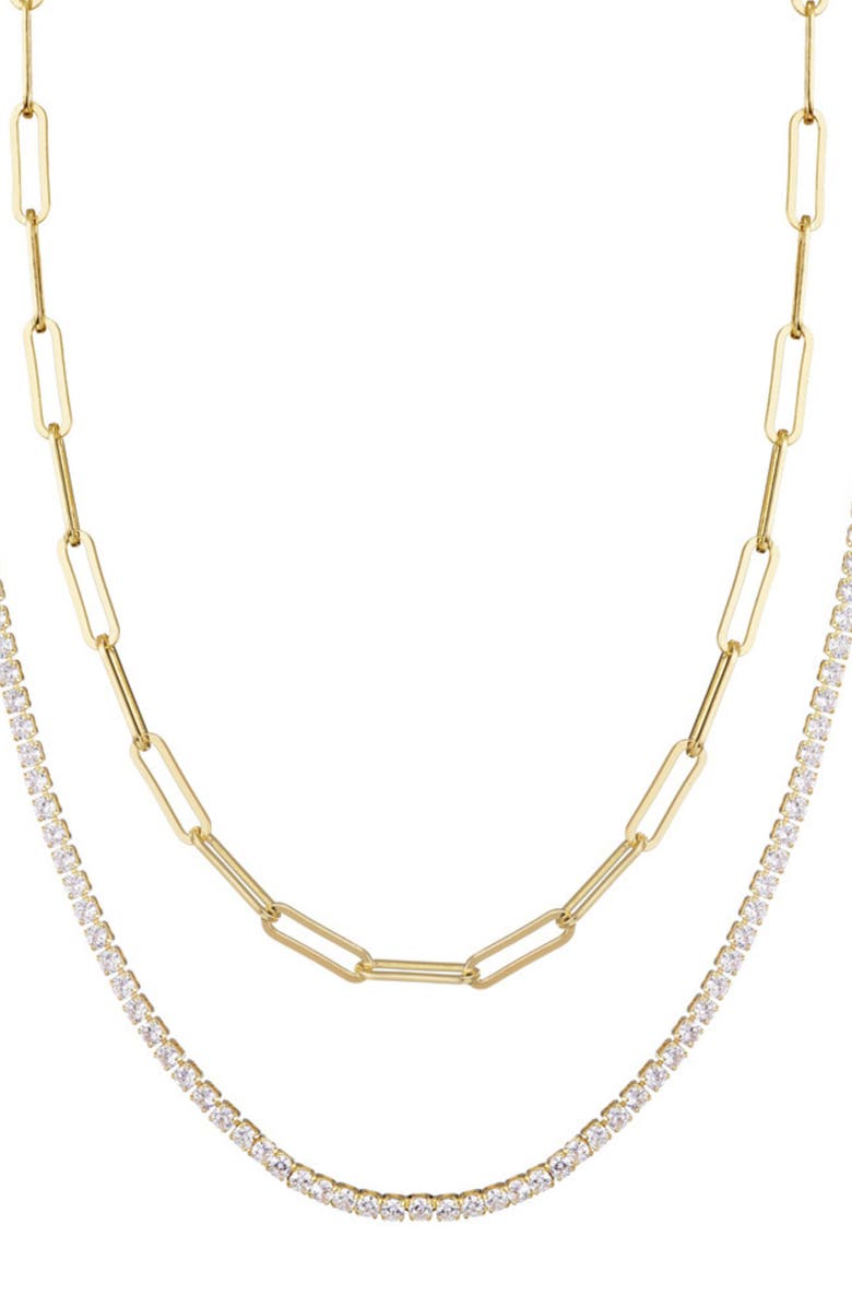 Adornia Layered Paper Clip Chain & Crystal Tennis Necklace, Main, color, Gold