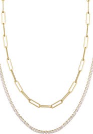 Adornia Layered Paper Clip Chain & Crystal Tennis Necklace