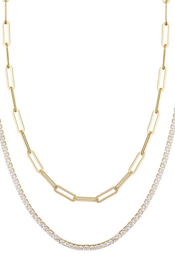 Adornia Paper Clip Chain And Tennis Necklace Set Gold In Gold