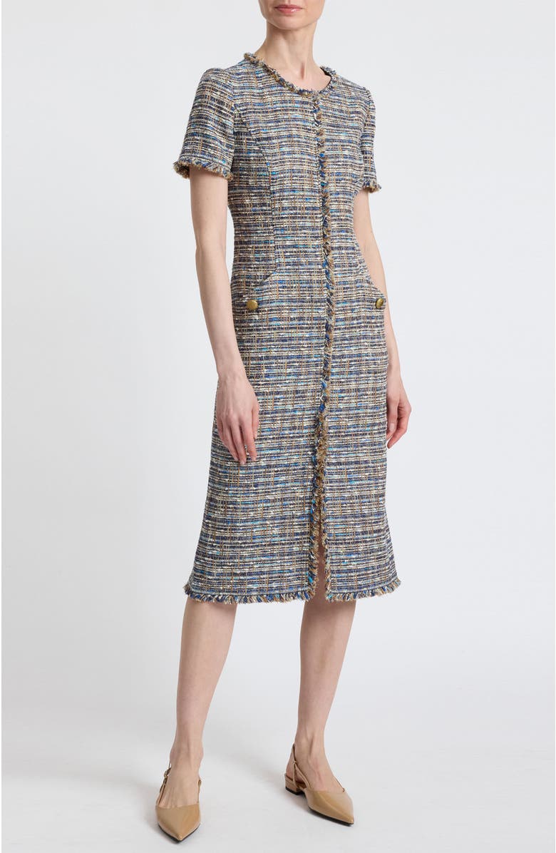 Santorelli Nisha Short Sleeve Midi Sheath Tweed Dress, Alternate, color, Indigo