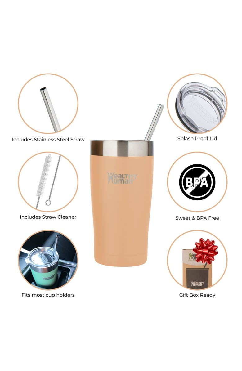 Healthy Human Stainless Steel Tumbler with Straw & Lid, 20 oz Papaya, Alternate, color, Orange