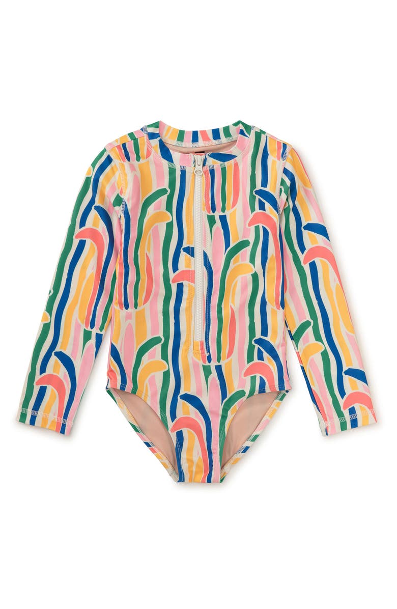 Tea Collection Long Sleeve One-Piece Swimsuit, Main, color, Rainbow Pineapple Stripe