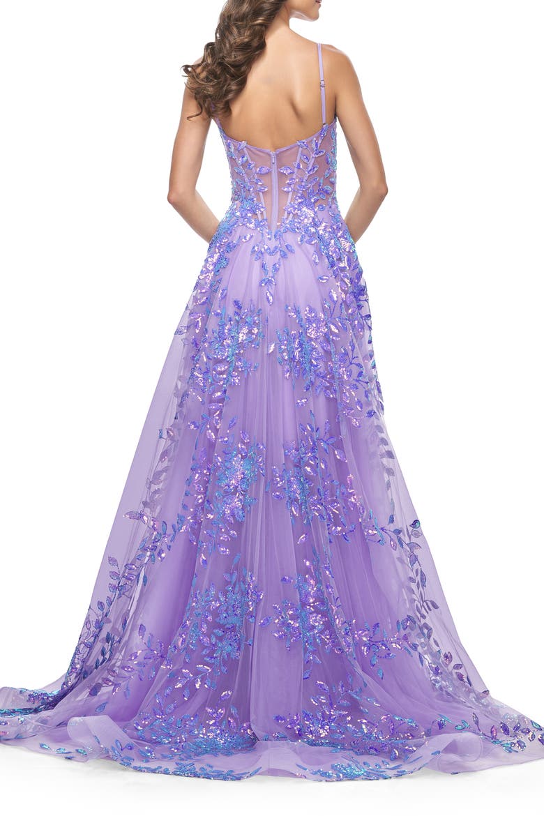 Sequin Lace Print Tulle A-Line Prom Dress with Illusion Bodice, Alternate, color, Periwinkle