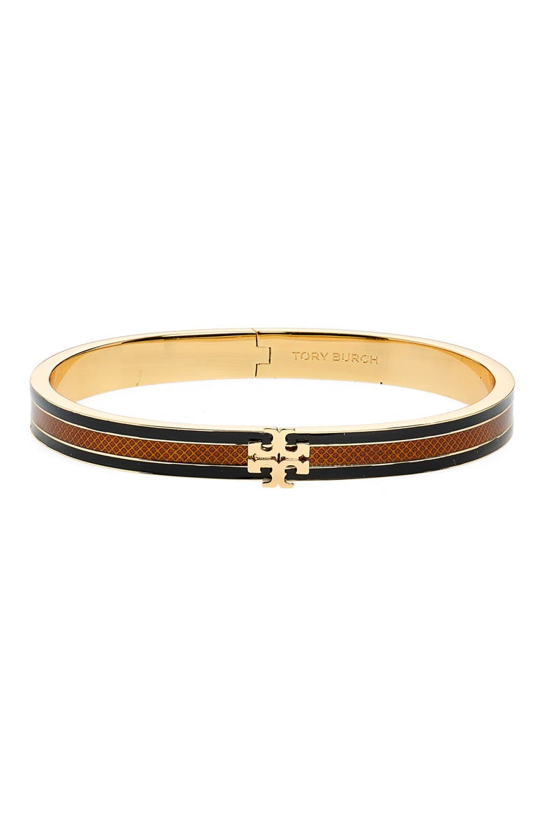 Kira Stripe Enamel Bangle, Main, color, TORY GOLD / BLACK / BROWN