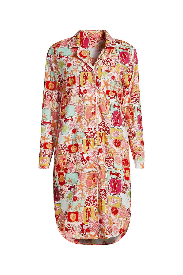 Cotton Poplin Long Sleeve Sleepshirt Nightgown, Alternate, color, Tropical Stamp/White
