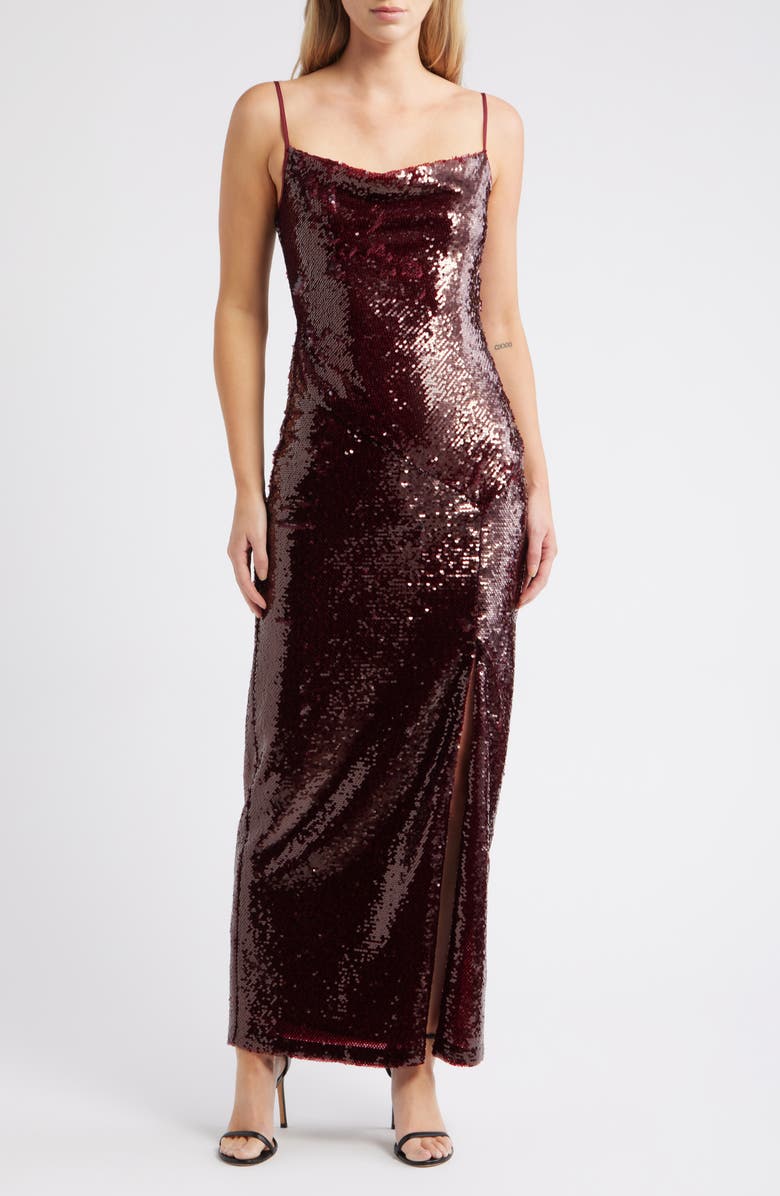 Julia Jordan Sequin Cowl Neck Maxi Cocktail Dress, Main, color, Wine