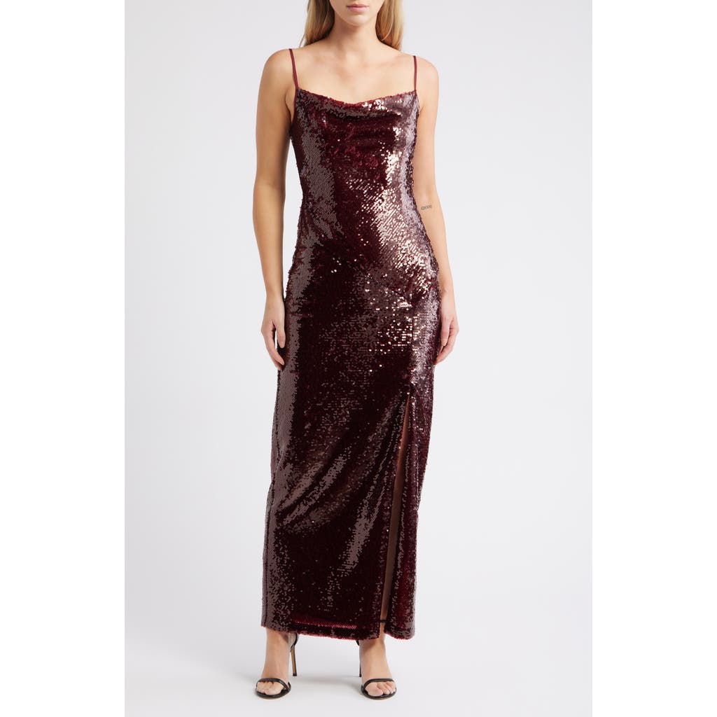 Julia Jordan Sequin Cowl Neck Maxi Cocktail Dress In Burgundy