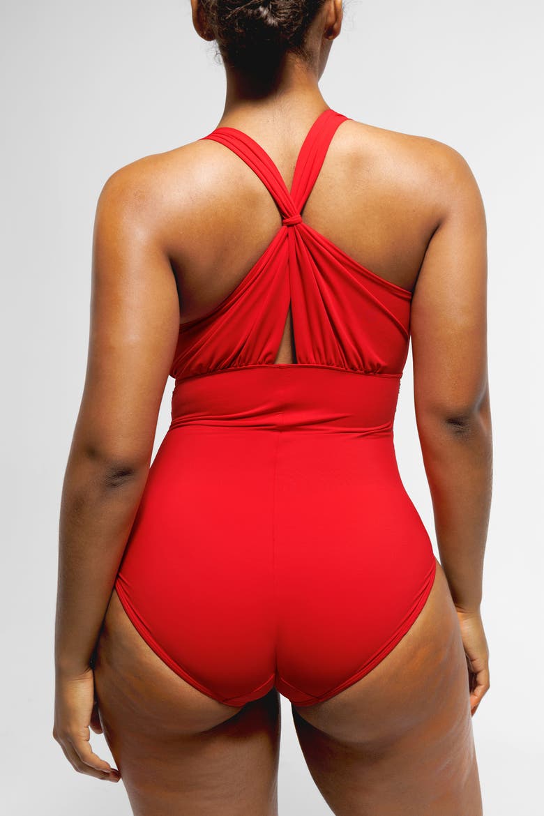 Plunge Ruched Twist-Front One Piece Swimsuit, Alternate, color, Red