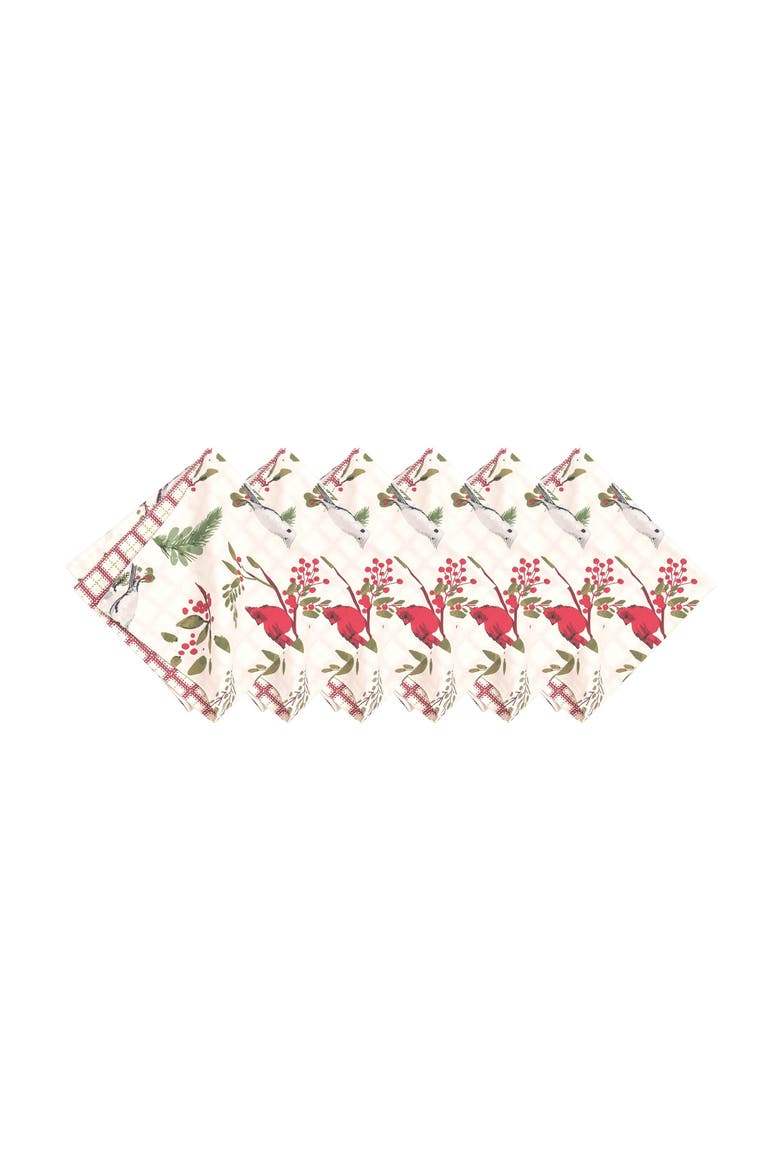 Red Cardinal & Evergreen 100% Cotton Set of 6 Cloth Napkins, Alternate, color, White