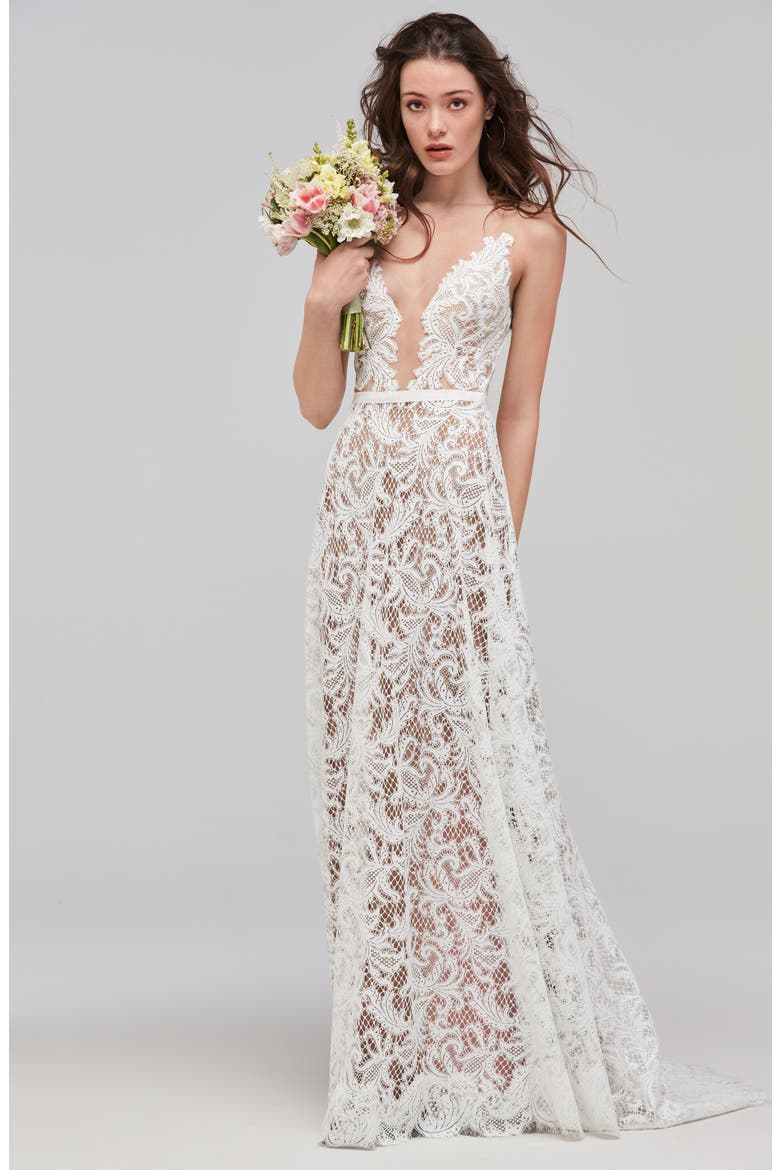Asa Plunge Neck Lace A-Line Wedding Dress, Main, color, IVORY/SUNKISS