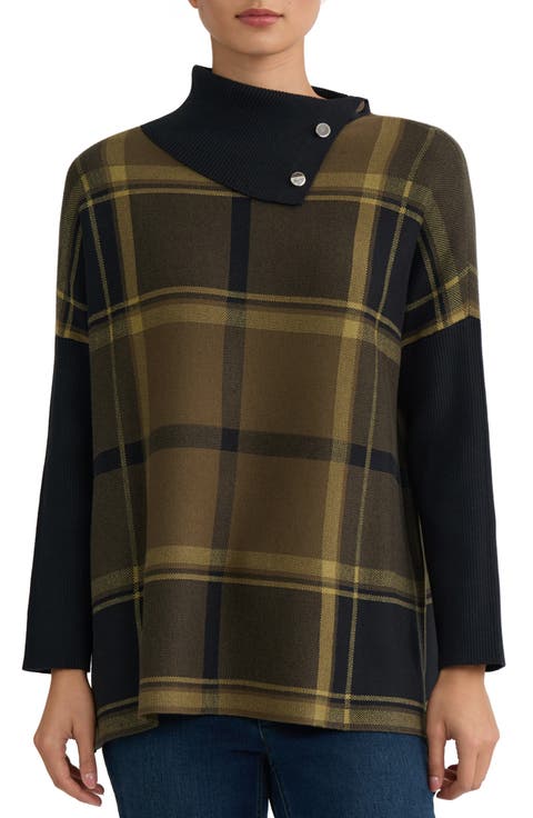 Split-Neck Plaid Poncho Sweater