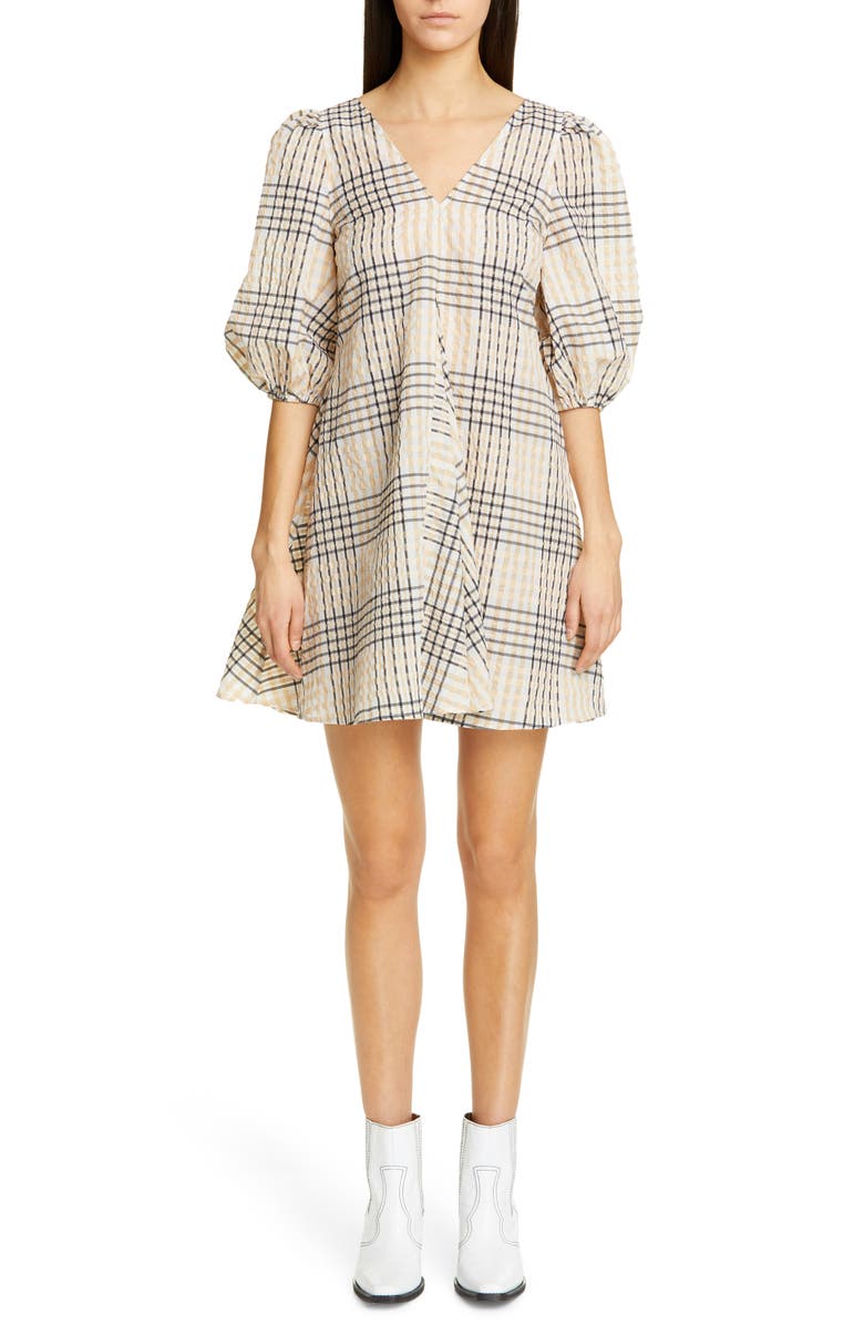 Ganni Check Seersucker Trapeze Dress, Main, color,