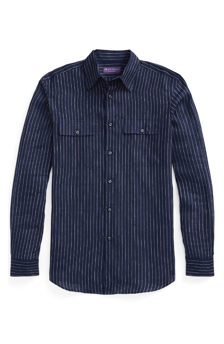Ralph Lauren Purple Label Norfolk Pinstripe Linen Button-Up Shirt, Alternate, color, 