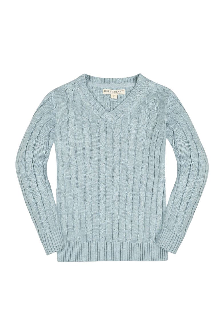 Kids' Organic Long Sleeve Fine Gauge Cable V-Neck Sweater, Main, color, Dusty Blue Heather Cable