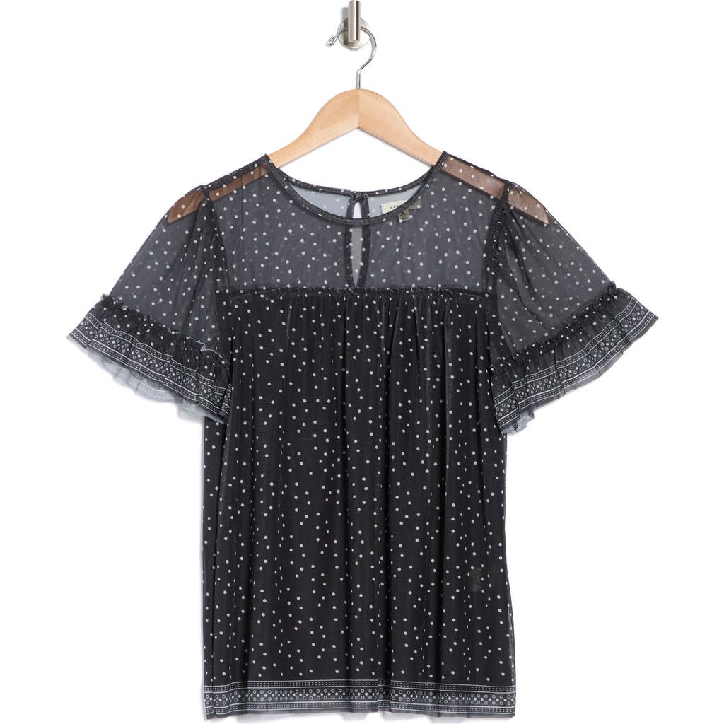 Max Studio Short Sleeve Knit Mesh Top In Black Cream Dot