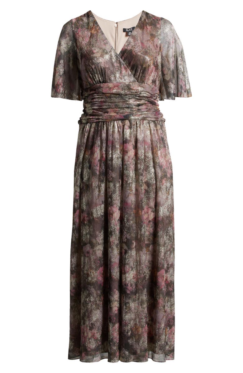SL FASHIONS Floral Metallic Faux Wrap Maxi Dress, Alternate, color, Taupe Multi