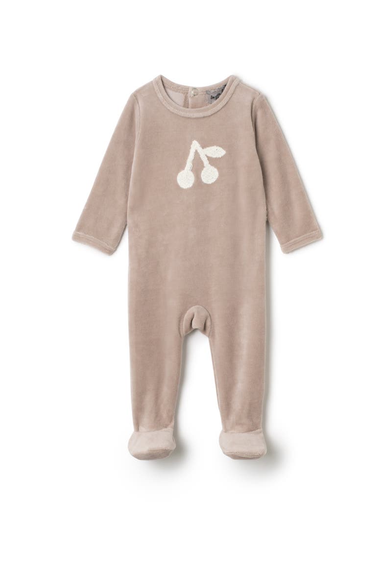 Cherry Hook Stitch Velour Snap Romper, Alternate, color, Beige