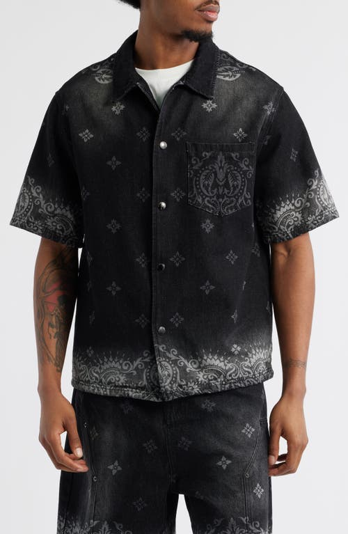 Shop Criminal Damage Laser Print Denim Short Sleeve Snap-up Shirt