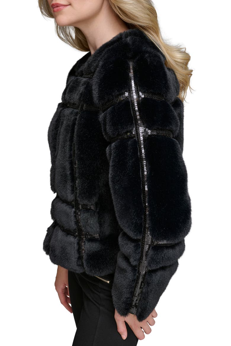 Sequin Quilted Faux Fur Jacket, Alternate, color, BLACK