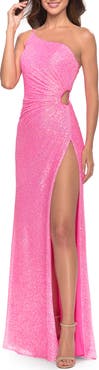 La Femme One Shoulder Sequin Dress with Circle Cut Out in Neon