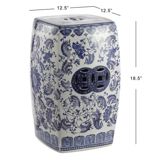 Jonathan Y Floral Vine 18.5" Chinoiserie Ceramice Square Garden Stool In Blue/white