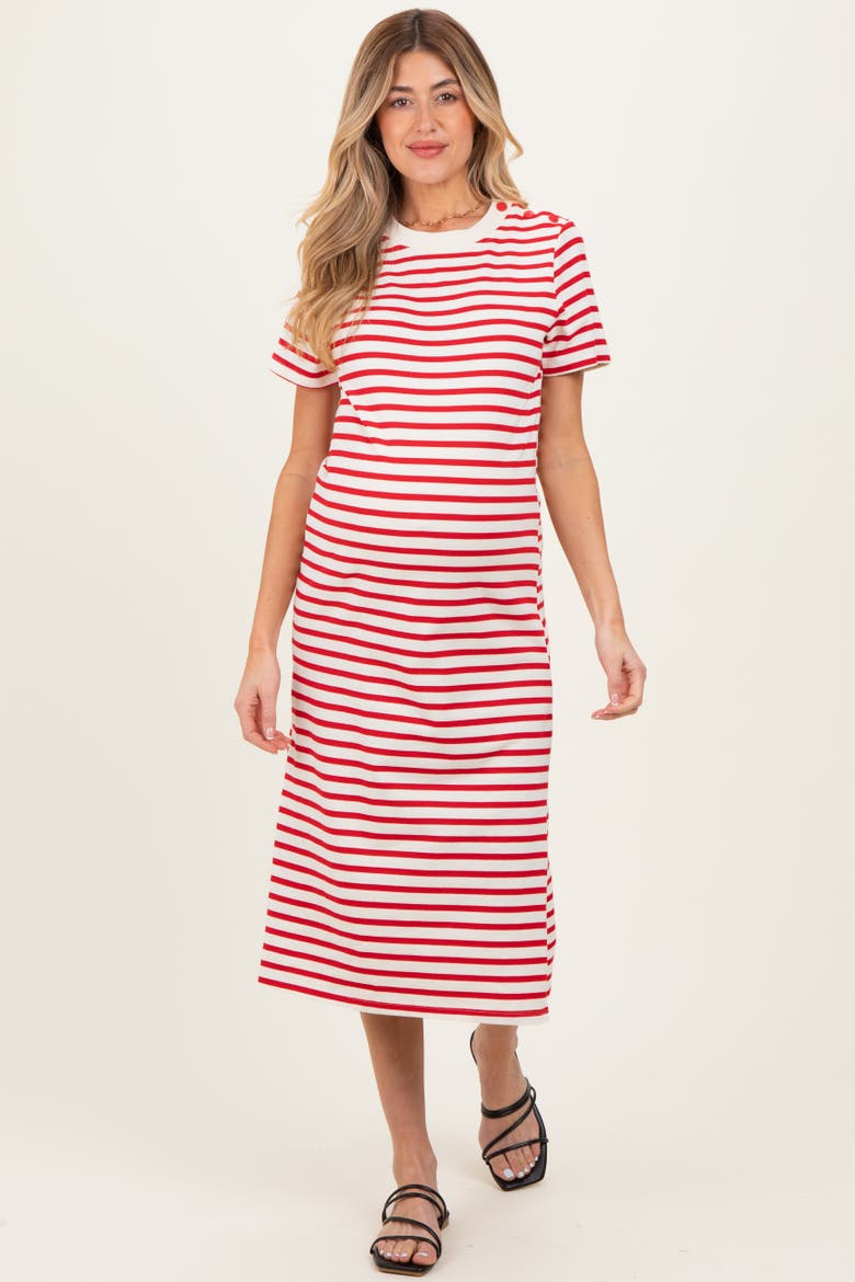 Striped Short Sleeve Midi Dress, Alternate, color, Red