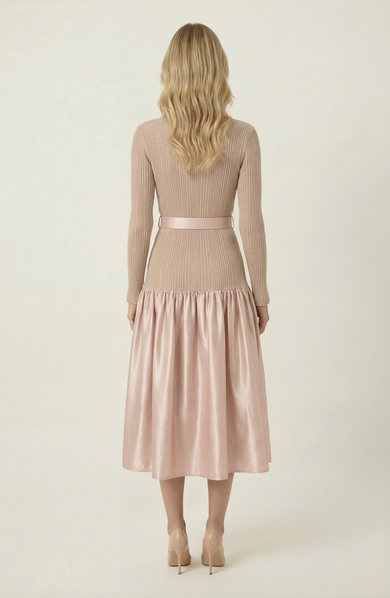 Modenaire Ribbed Knit and Satin Midi Dress, Alternate, color, Blush Pink