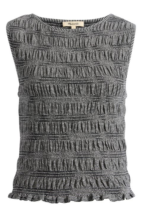 Smocked Bateau Neck Cotton & Linen Tank