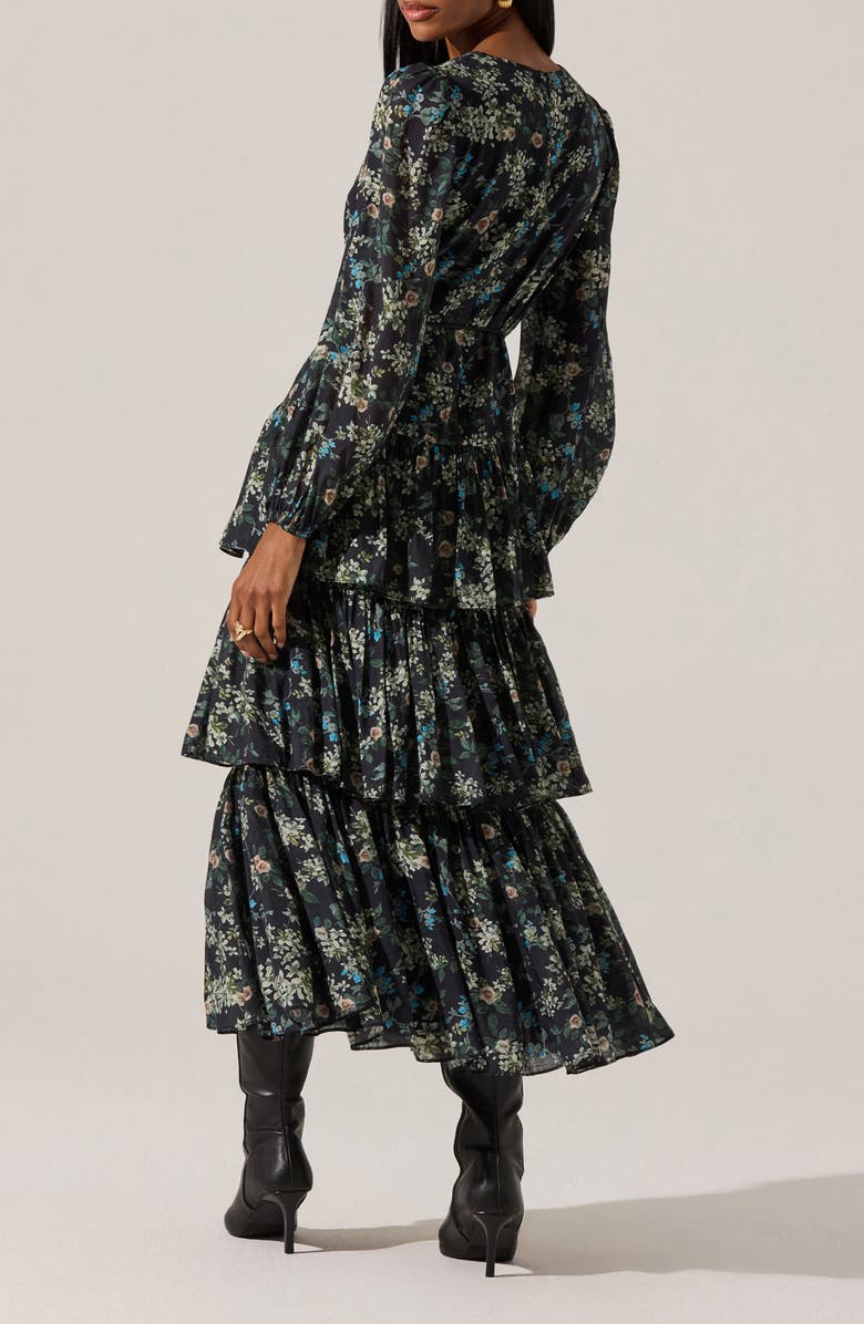 ASTR the Label Franchesca Floral Long Sleeve Tiered Cotton Blend Dress, Alternate, color, Black Green Floral