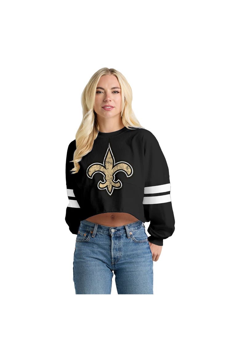 Women's Spirit Jersey  Black New Orleans Saints Oversized Cropped Stripe Long Sleeve T-Shirt, Main, color, Black