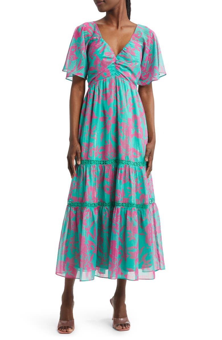 Adelyn Rae Katia Metallic Flutter Sleeve Tiered Sundress, Main, color, 