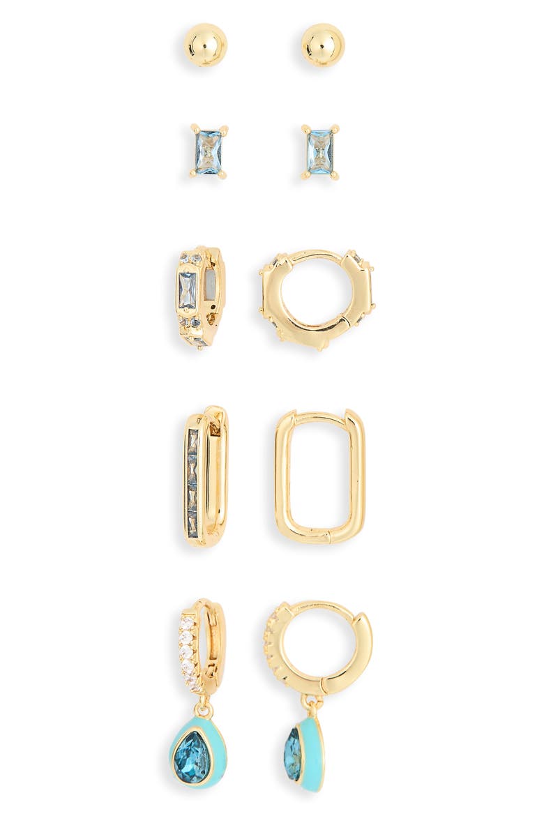 5-Pack Stud & Hoop Earrings, Alternate, color, AQUA- GOLD