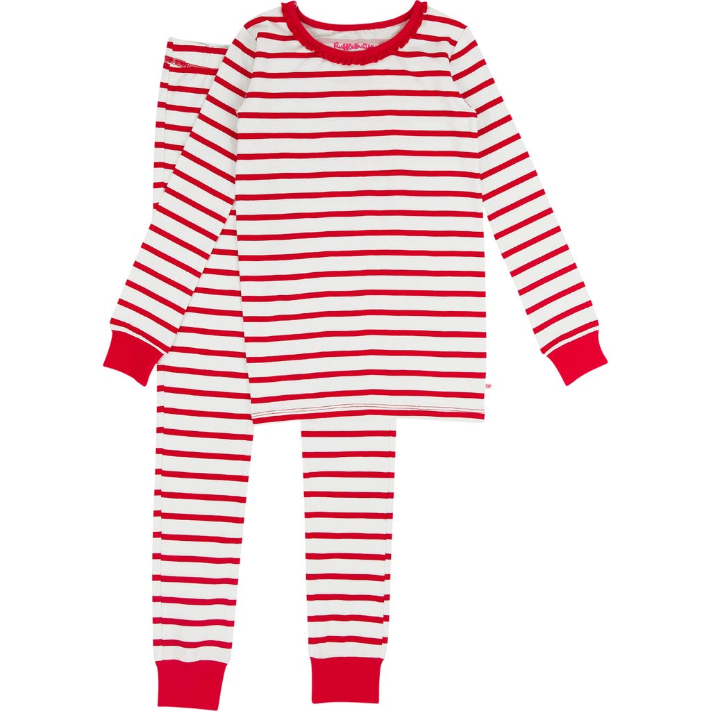 Rufflebutts Modal Blend Girls Ruffle Long Sleeve Pajama Set In Red & White Stripe