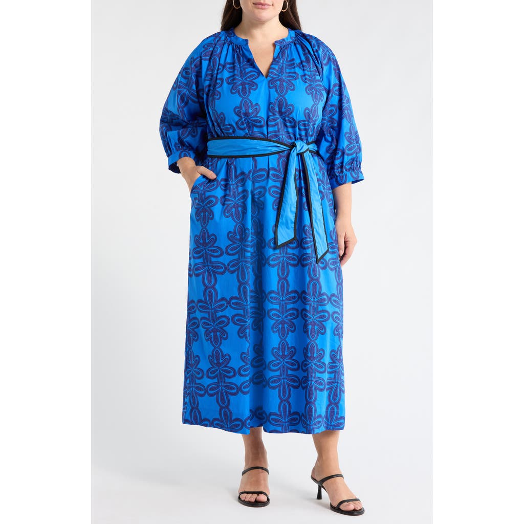 Sugarlips Romery Puff Sleeve Cotton Maxi Dress In Blue