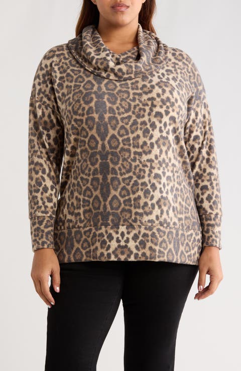 Leopard Print Hacci Knit Cowl Neck Tunic (Plus)