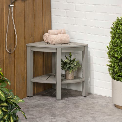 Jonathan Y Maris 18" Classic Coastal Solid Acacia Wood Indoor/outdoor Corner Shower Bench With Shelf In Gray