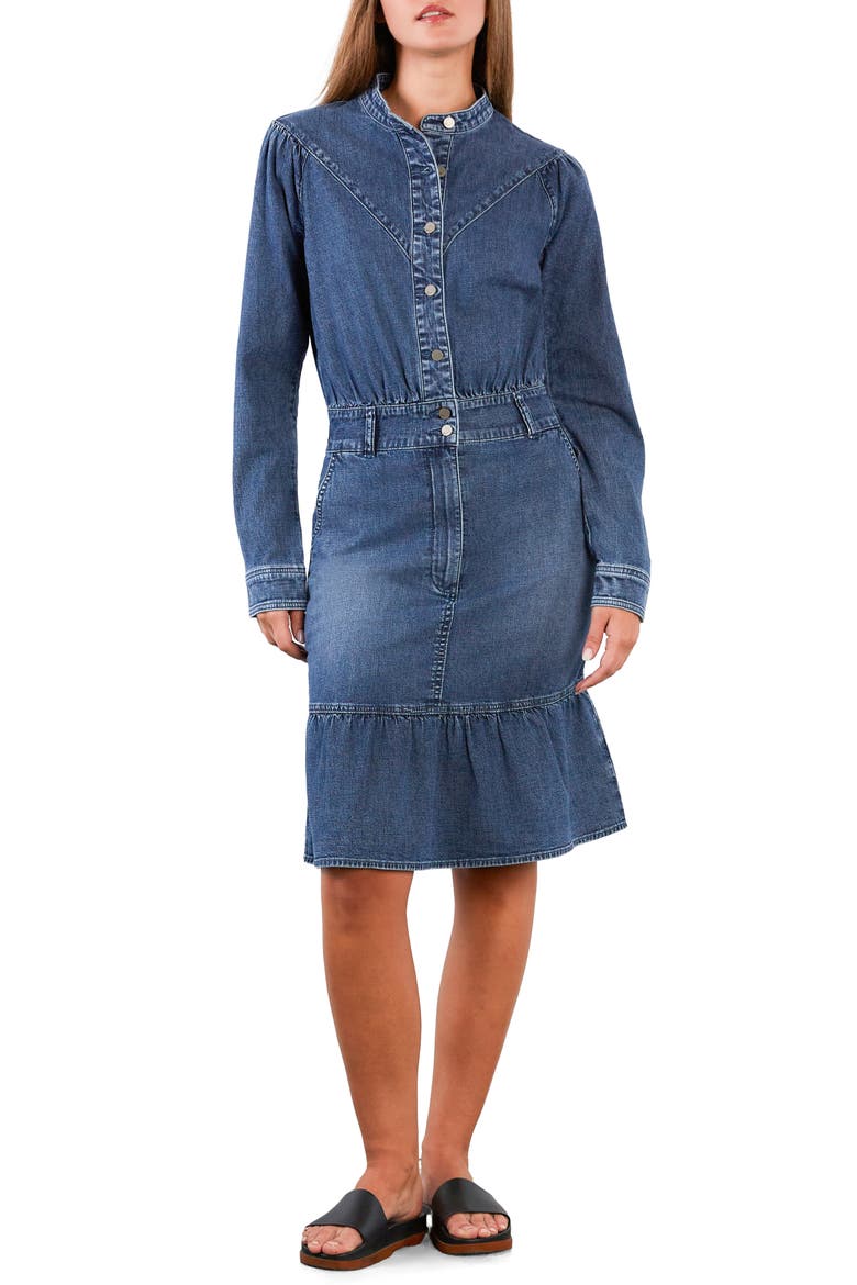For A Stroll Ruffle Hem Long Sleeve Denim Dress, Main, color, CAMP BLUE