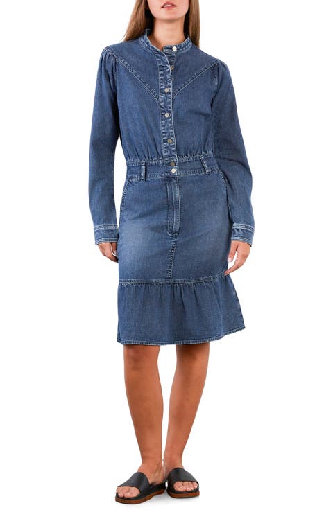 For A Stroll Ruffle Hem Long Sleeve Denim Dress