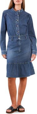 Wash Lab Denim For A Stroll Ruffle Hem Long Sleeve Denim Dress