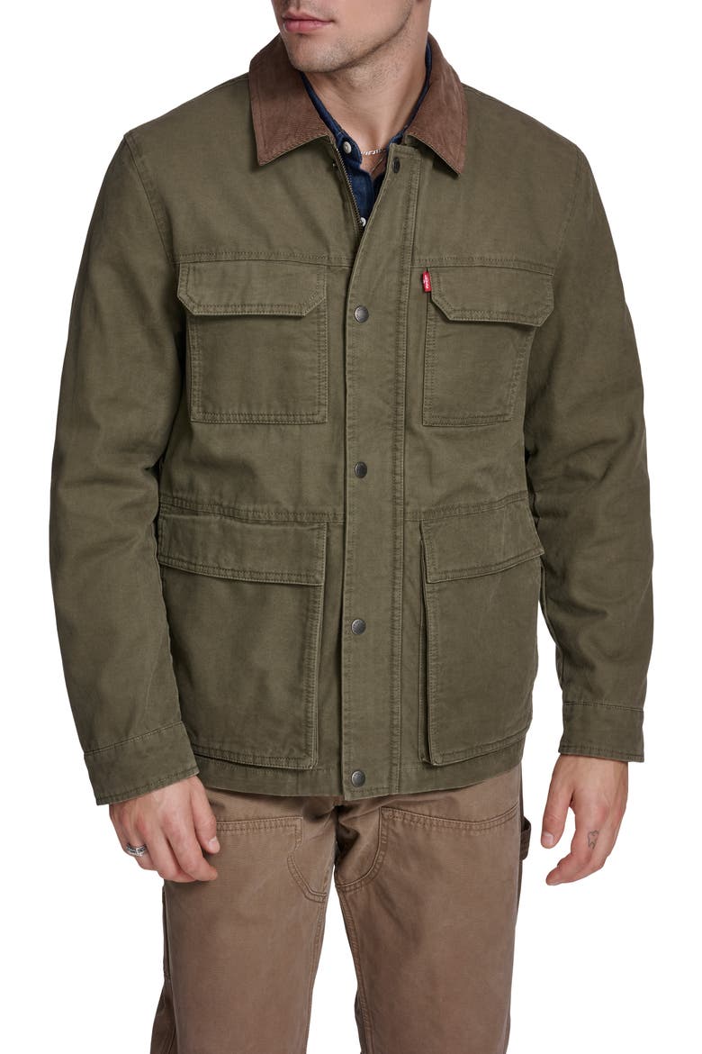 Corduroy Collar Cotton Canvas Jacket, Main, color, OLIVE TREE